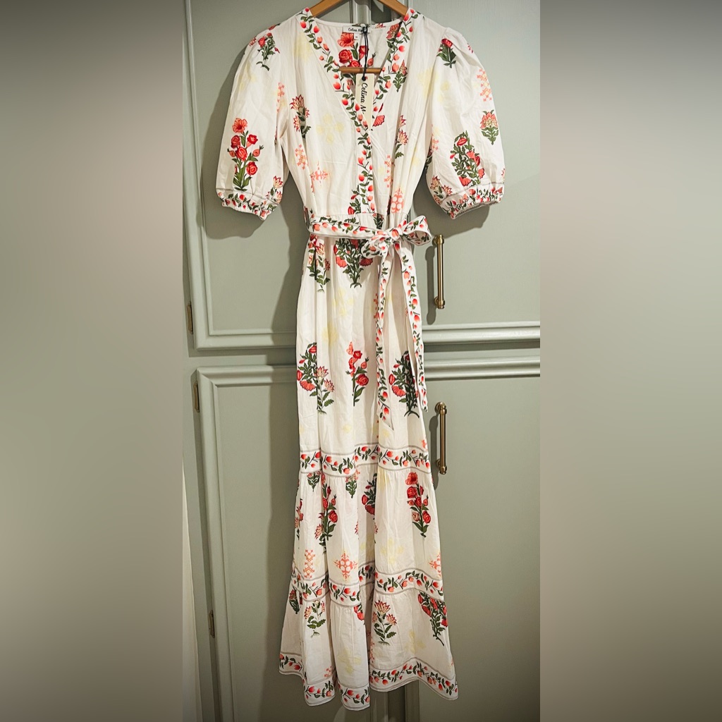 Celina Moon White Maxi Dress With Red Floral Design